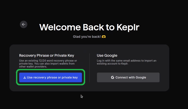 Choose the "Use recovery phrase or private key" option